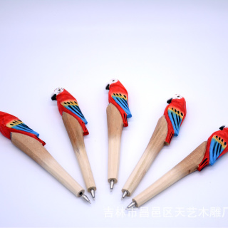 厂家直销纯手工木雕动物笔 创意木雕鹦鹉圆珠笔 可更换笔芯中性笔