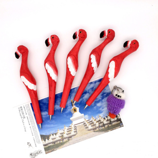 厂家直销纯手工木雕动物笔 创意木雕红鹤圆珠笔 可更换笔芯中性笔