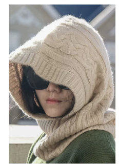 山羊绒连帽子脖套一体女秋冬百搭保暖时尚针织围脖毛线围巾