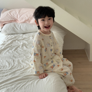 新款儿童纯棉纱布睡衣套装春夏棉纱家居服男女童百搭韩版两件套