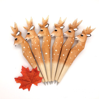 厂家直销纯手工木雕动物笔 创意木雕梅花鹿圆珠笔 可更换笔芯笔